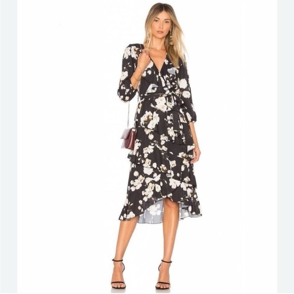 Alice & Olivia Kye Ruffle Floral Print Midi Dress Black Cream V Neck - Picture 1 of 16